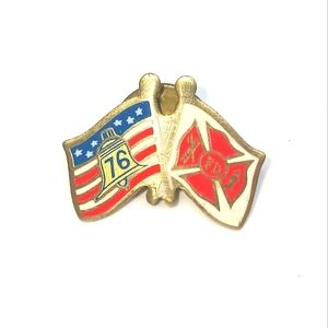 Vintage Bicentennial American and Fire Department Crossed Flags Lapel Hat Pin